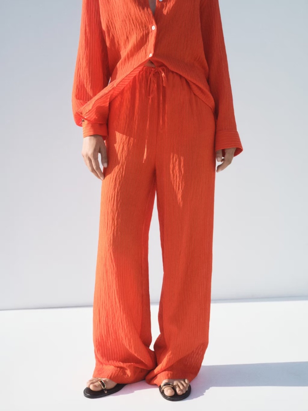 MANGO Crinkled Effect Orange Red Button Down Shirt + Wide Leg Pants (2 pc set) - Picture 10 of 12